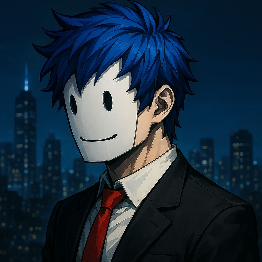 ImaHappy: blue spiky hair, a white mask with black oval eyes and a small smile, black suit and red tie, in front of a midnight-blue city skyline at night.